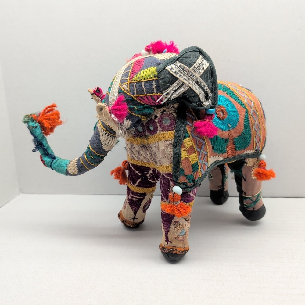 Patchwork Elephant Figurine Textile Fabric Beads Tassels Trunk Up 8.5"